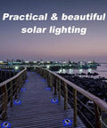 Solar Dock Lights For Driveways And Walkways 12 Pack Waterproof Aluminum LED Hexagon Step Lights illuminating a wooden boardwalk