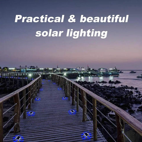 Solar Dock Lights For Driveways And Walkways 12 Pack Waterproof Aluminum LED Hexagon Step Lights illuminating a wooden boardwalk