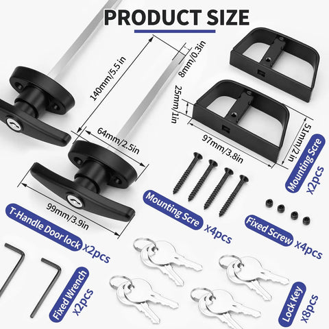Lock It Down Shed Door Lock Latch 2 Pack Built Tough For Barns Garages And Sheds features detailed dimensions and included keys.