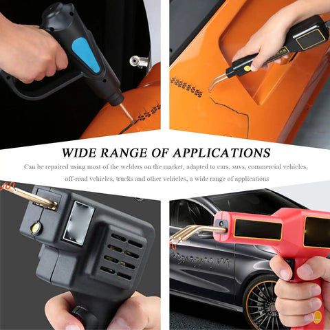 Hands using Hot Staples Welding Rods 500 Pcs Set 0.6mm 0.8mm for auto body plastic repair, reinforcing cracked bumper and dashboard.