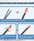 Step-by-step guide for using a spiral crimp cap to connect wires with orange cap and illustration of insertion and twisting steps.