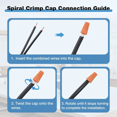 Step-by-step guide for using a spiral crimp cap to connect wires with orange cap and illustration of insertion and twisting steps.