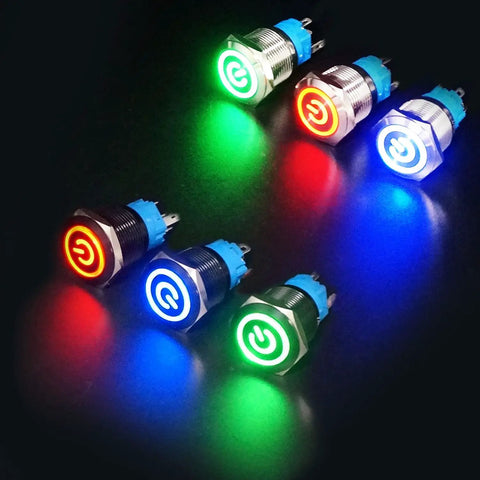 Group of colorful 12mm momentary push button switches with blue LED ring and metal chassis for 12mm mount hole, waterproof and robust design.