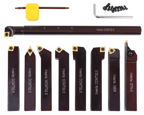 Front view of Accusize 3/4 in shank 9-piece indexable turning and boring tool set with TiN-coated C6 inserts for steel