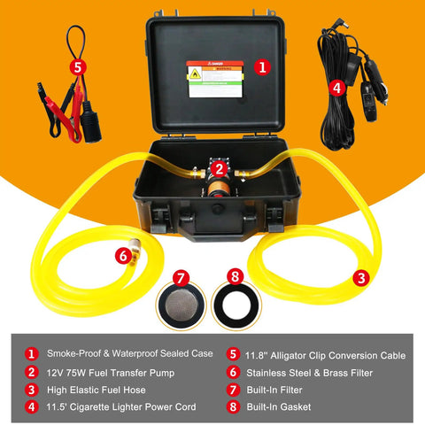 No Sweat 12V 75W Electric Gas Fuel Transfer Pump Set Workhorse Grade with sealed case, fuel hose, and accessories.