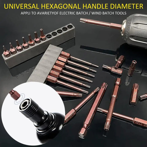 24 Piece Security Torx Bit Set With Magnetic S2 Alloy Steel Bits shown with different sizes and a power tool adapter.
