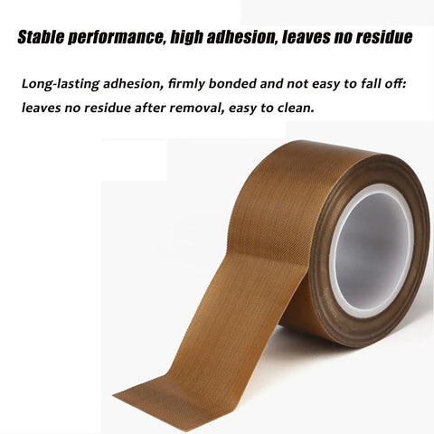 Single roll of PTFE Teflon High Temperature Tape For Heat Sealers With Nonstick Adhesive, 33 ft, shown unrolled on white background