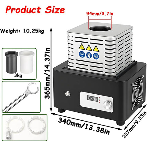 Beast Mode 1600 Celsius Gold Melting Furnace With 5kW Digital Display And 1kg To 3kg Capacity showing product dimensions
