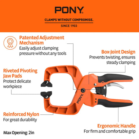 Four Pack Two Inch Quick Release Wood Clamps For Woodworking, Heavy Duty Ratcheting Clamps With Box Joint Design, Ergonomic Handles, Sixty Pound Clamp Force, Tough As Nails For DIY Projects And Pro Shop Use, showing ergonomic handles and box-joint design.