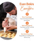 Baker using icing bag on Full Size 18 by 26 Inch Aluminum Sheet Pan for Commercial Bakery, 19 Gauge Heavy Duty Cake Pan, pro-grade baking