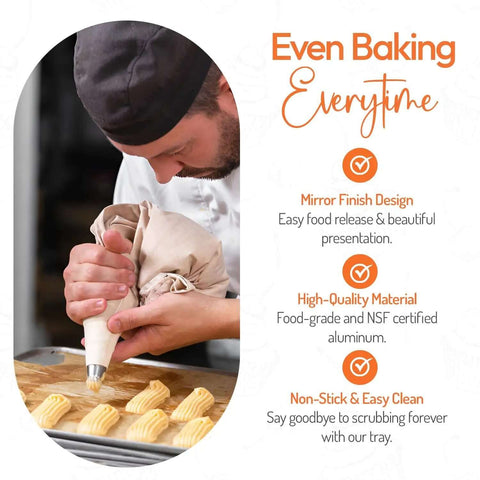 Baker using icing bag on Full Size 18 by 26 Inch Aluminum Sheet Pan for Commercial Bakery, 19 Gauge Heavy Duty Cake Pan, pro-grade baking