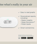 Battery Powered Indoor Air Quality Monitor With Wi Fi Connectivity For Radon PM2 5 CO2 VOC Humidity Temperature And Air Pressure Real Time Readouts device displaying air quality readings with app connectivity options.