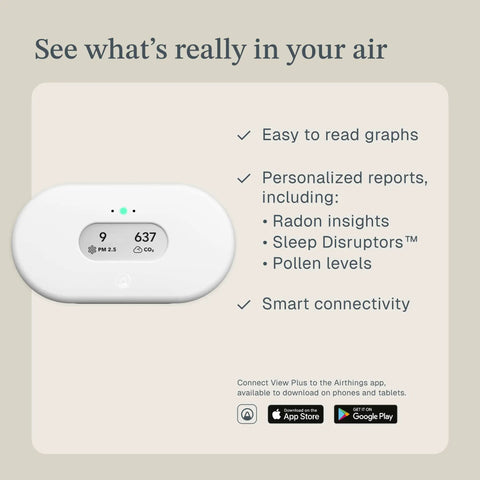Battery Powered Indoor Air Quality Monitor With Wi Fi Connectivity For Radon PM2 5 CO2 VOC Humidity Temperature And Air Pressure Real Time Readouts device displaying air quality readings with app connectivity options.