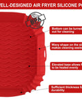Red silicone liner for air fryers, highlighting wavy sides and elevated base. Two Pack Silicone Air Fryer Liners for Three to Five Quart Baskets.