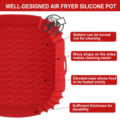Red silicone liner for air fryers, highlighting wavy sides and elevated base. Two Pack Silicone Air Fryer Liners for Three to Five Quart Baskets.
