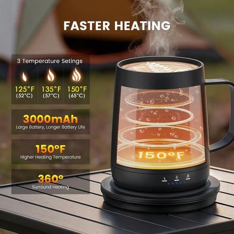 14 Oz Self Heating Coffee Mug With Quick Rechargeable Battery on table showing 3 temperature settings for daily grind.