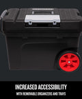 Rolling Tool Box With Wheels Lockable Latch Heavy Duty Plastic 15.2 Inch Includes Removable Organizer And Tray Extra Large Rubber Wheels