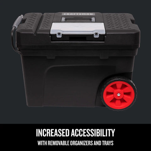 Rolling Tool Box With Wheels Lockable Latch Heavy Duty Plastic 15.2 Inch Includes Removable Organizer And Tray Extra Large Rubber Wheels