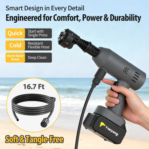 Portable Handheld Cleaning Tool With A 6-in-1 Nozzle For Cars, Patios, Fences, Windows And Garden Gear, held in hand by beach