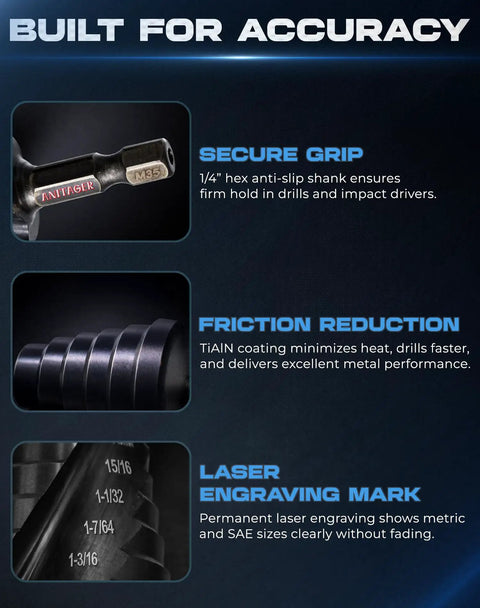 Rugged Step Drill Bit Set With M35 Cobalt HSS TiAlN Coating For Tough Jobs, 1/4 inch hex shank, laser engraved metric and SAE sizes.