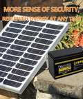 Powerful 12V LiFePO4 Battery With Built-In BMS, 7Ah Deep Cycle next to solar panel outdoors