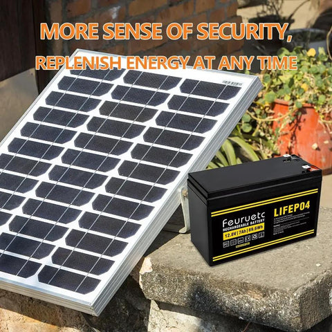 Powerful 12V LiFePO4 Battery With Built-In BMS, 7Ah Deep Cycle next to solar panel outdoors