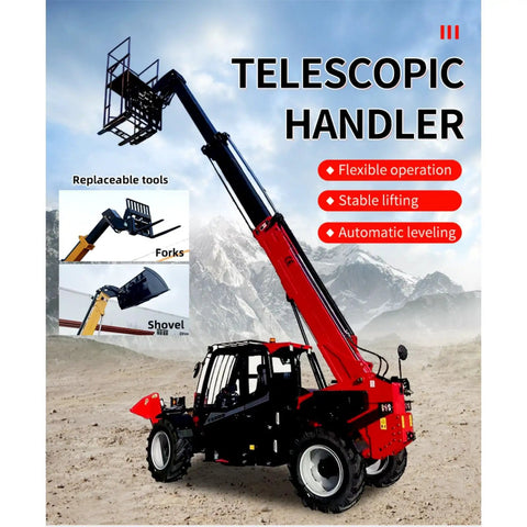 Versatile Telescopic Handler With Quick Attach System And Enclosed Brake For Warehouses Farms Or Industrial Job Sites, shown with forks and shovel attachment.
