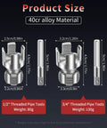 Alinmesh Hc Steel Pvc Pipe Threader Kit 1/2 Inch And 3/4 Inch showing sizes and dimensions for threaded pipe tools with 40cr alloy material.
