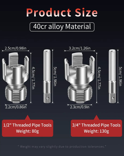Alinmesh Hc Steel Pvc Pipe Threader Kit 1/2 Inch And 3/4 Inch showing sizes and dimensions for threaded pipe tools with 40cr alloy material.