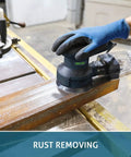 Using Powerful 3 Amp Random Orbital Palm Sander With Variable Speed From 5000 To 12000 OPM Cyclonic Dust Box Vacuum Adapter on metal