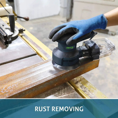 Using Powerful 3 Amp Random Orbital Palm Sander With Variable Speed From 5000 To 12000 OPM Cyclonic Dust Box Vacuum Adapter on metal