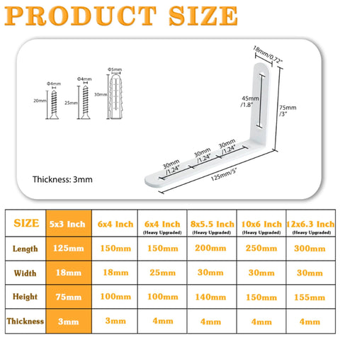 Heavy Duty L Shelf Brackets Stainless Steel 5x3 Inch White Wall Corner Braces For Wood Shelving Pack Of 4 size chart with dimensions