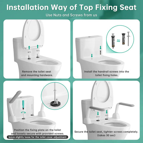 Installation guide for Thick Cast Iron Toilet Safety Rails For Seniors Featuring Slick Fold Handles and Non Slip Base, showing steps on a toilet.
