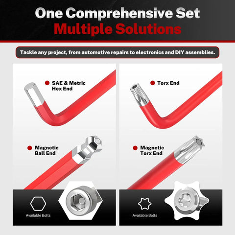 All In One Allen Wrench Set SAE Metric Torx Magnetic Ball End T Handle 27 Piece Kit For Home Auto DIY Pros Includes Magnetic Ball End Easy Grip Precise Hex And Torx Fit Heavy Duty Construction Magnetic Tip Keeps Bits In Place, red steel hex and Torx ends