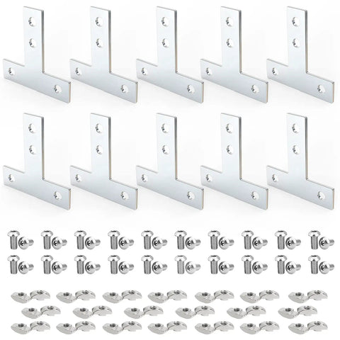 10 Set T Bracket Kit For 6mm T Slot Aluminum Profiles With 40 M5 T Slot Nuts And 40 M5x8mm Stainless Hex Socket Cap Screws Built Tough Pro Grade Aluminum Extrusion Connector Brackets And Corner Brace Plates, 10 silver corner brackets and hardware