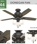 Donegan 44 Inch Ceiling Fan in Noble Bronze with rustic blades, three-light kit, and modern farmhouse design