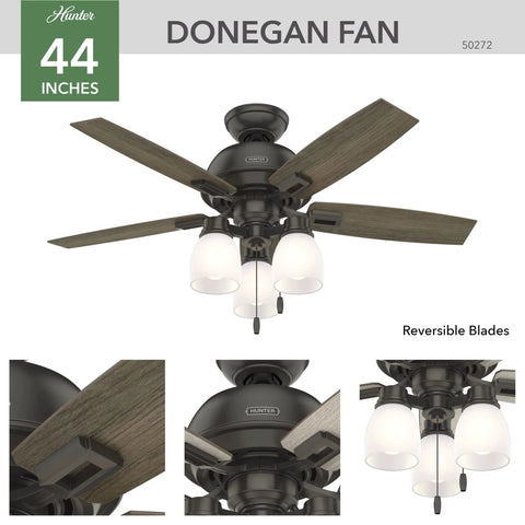 Donegan 44 Inch Ceiling Fan in Noble Bronze with rustic blades, three-light kit, and modern farmhouse design