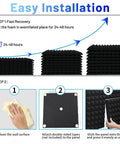 Thirty Six Pack Black Pyramid Acoustic Foam Panels 12 By 12 By 1 Inch installation guide showing cleaning and mounting steps.