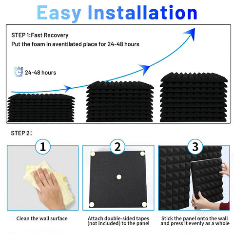 Thirty Six Pack Black Pyramid Acoustic Foam Panels 12 By 12 By 1 Inch installation guide showing cleaning and mounting steps.