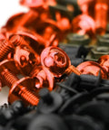 Close-up view of 135Pcs Motorcycle Fairing Bolts Screws Nuts Clip Kit for Duke RC, CNC aluminum, assorted red fasteners.