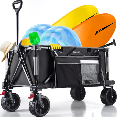 Collapsible Wagon With All Terrain Wheels Heavy Duty Foldable Utility Wagon 330 Lb Capacity Side Pockets For Camping Black