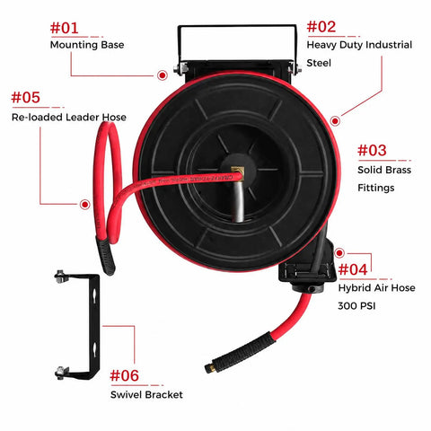 No More Snagging Lines, Retractable Air Compressor Hose Reel With Auto Rewind for 50 Foot 300 PSI, showing heavy duty swivel bracket.