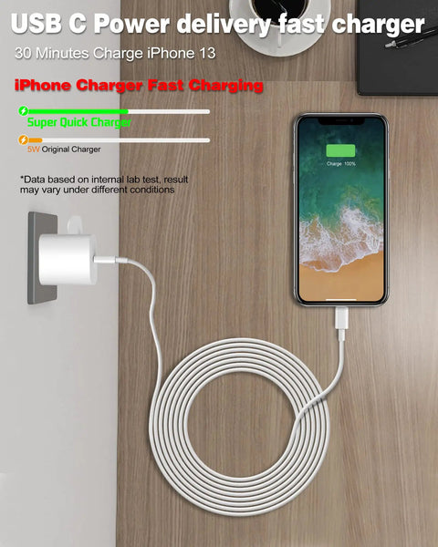 Ultra Fast iPhone Charger Bundle 2 Pack With 10 Ft USB C To Lightning Cables For Quick Charge 50 Percent In 30 Minutes And 3X Longer Reach Wall Charger Block Included Compatible With iPhone 14 13 12 11 Pro Max Mini XR XS charging demonstration.