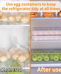 Deviled Egg Containers With Lids, 2 Pack Plastic Egg Trays for fridge, holding eggs securely stacked in fridge with apples below.