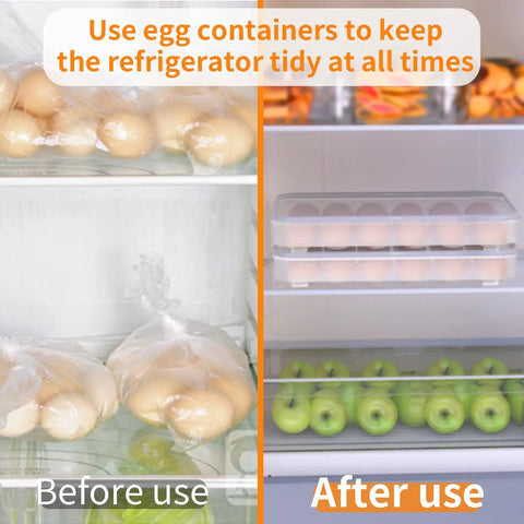 Deviled Egg Containers With Lids, 2 Pack Plastic Egg Trays for fridge, holding eggs securely stacked in fridge with apples below.