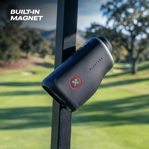 Captain Pro Golf Rangefinder Slope And GPS Distances, 1200 Yard, OLED Display, magnetic cart mount in use on golf course