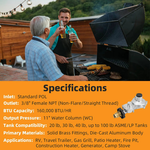 Propane regulator illustration on orange banner in outdoor grilling scene with two men toasting with bottles by a grill.