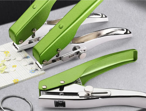 Heavy Duty Single Hole Punch Handheld Paper Punch For Cards Tags Scrapbooks And Crafts Five Sixteenth Inch Eight Millimeter Hole Size Ergonomic Zinc Alloy Puncher Pro Grade Labor Saver in green.