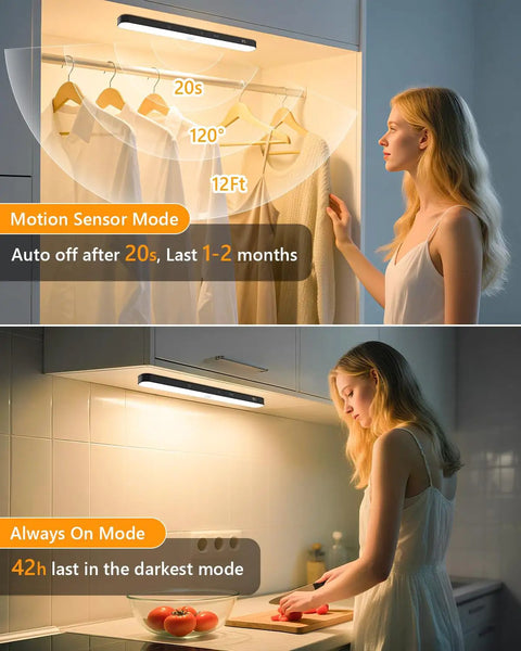 Rechargeable Motion Sensor Closet Lights With Battery Level Display installed in a closet and kitchen, 2-pack USB-C rechargeable