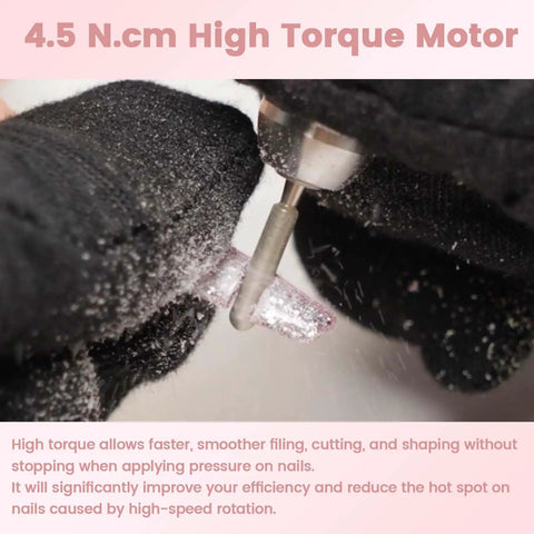 Professional Electric Nail Drill And High Torque E File With 35000 Rpm Speed For Fast Shaping Quiet Rechargeable Manicure Tool In Sleek Rose Gold using high torque for smooth filing on a nail.